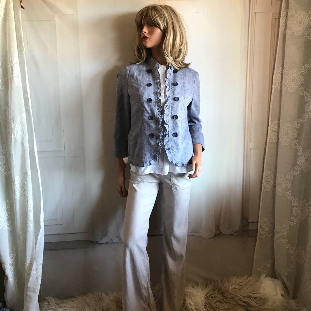LOFT Light Blue Linen Cotton Ruffle Trim Blazer - Picture 8 of 8